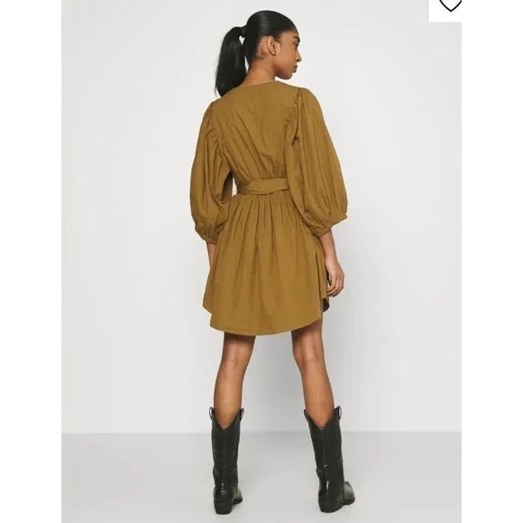 YAS Medium 10 Mustard Long Sleeve Dress RRP $129 Balloon Knee Length Ermi Cotton - Picture 6 of 12